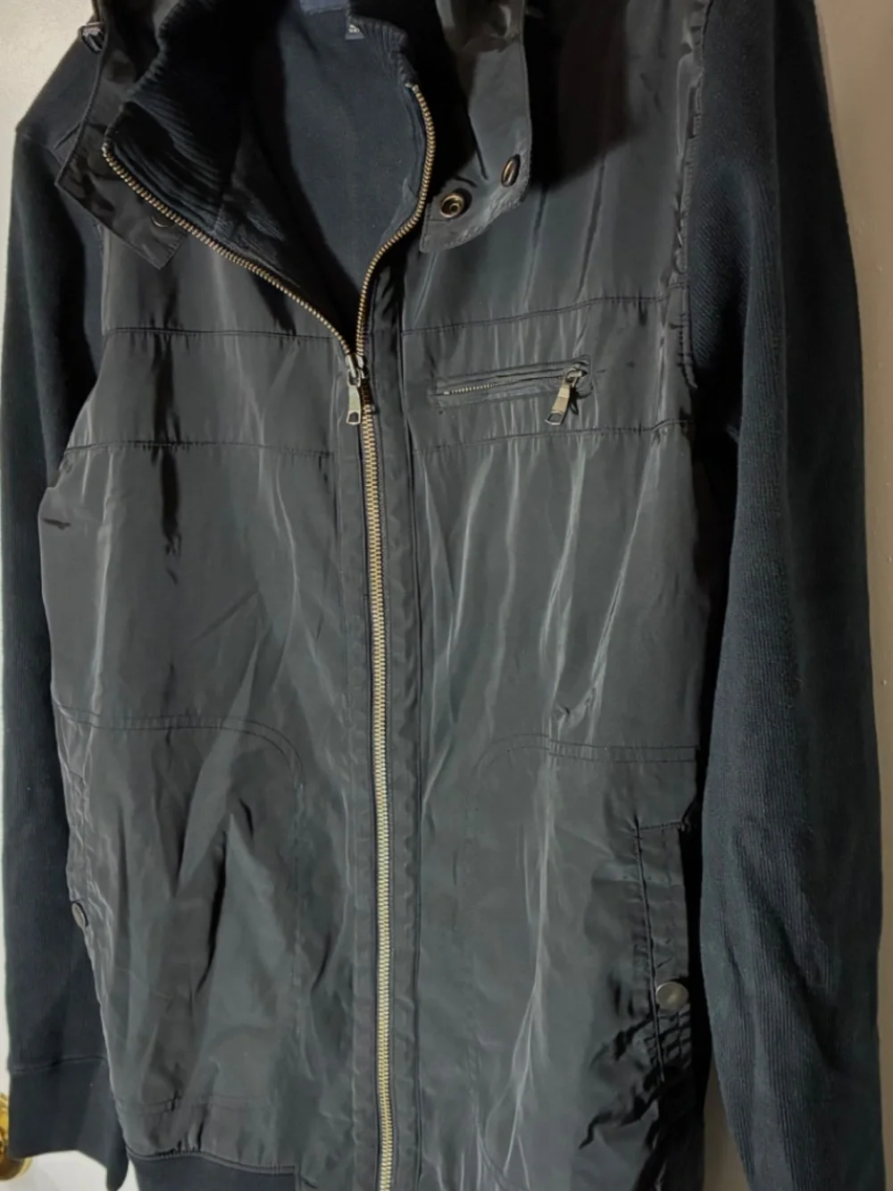 BANANA REPUBLIC MENS WINTER JACKET HOODIE BLACK FULL ZIP POCKETS SNAP SZ L KNIT